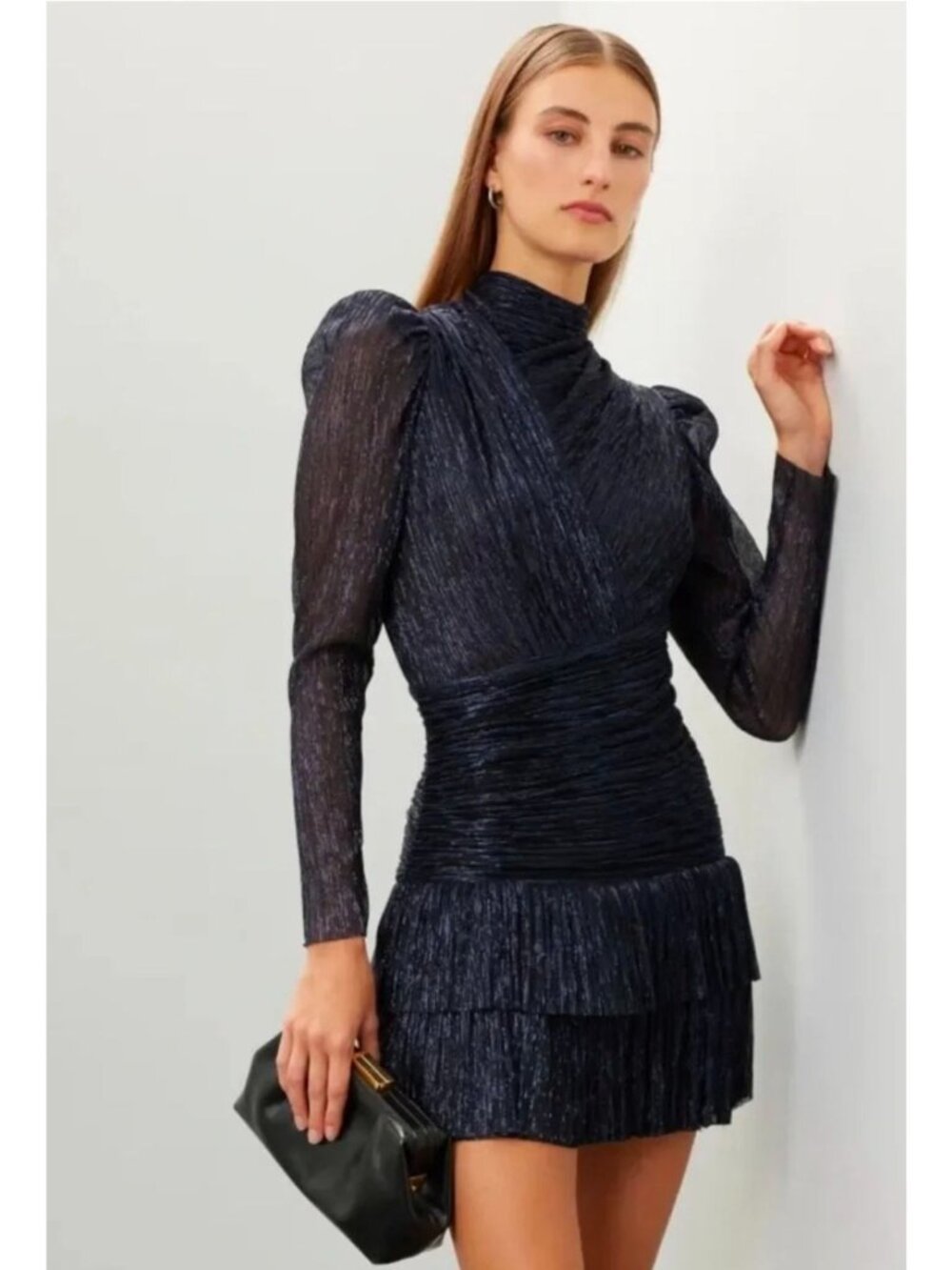 Sabina Musayev Brenda Ruched Tiered Long Sleeve Metallic Jersey Sequin Mini, S